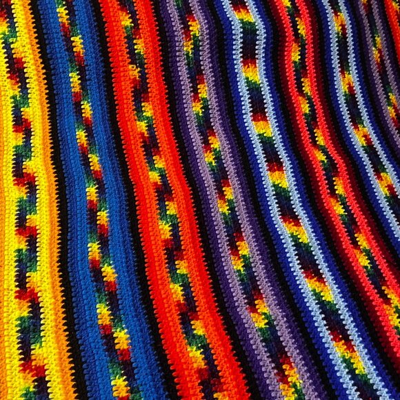 VTG Handmade Crochet Rainbow Striped Blanket Vibrant Multicolor 70x100in - Picture 13 of 16